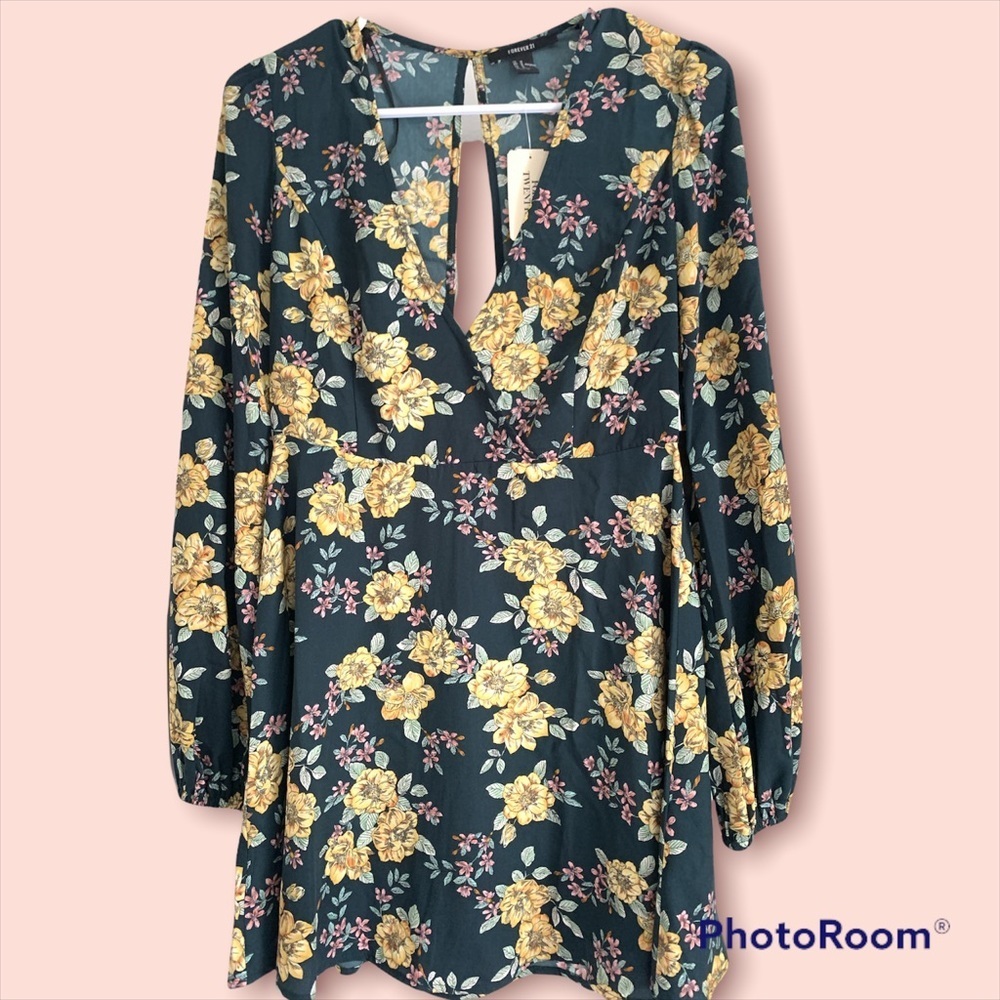 Forever 21 Floral Long Sleeve Dress - Black and Yellow size m
